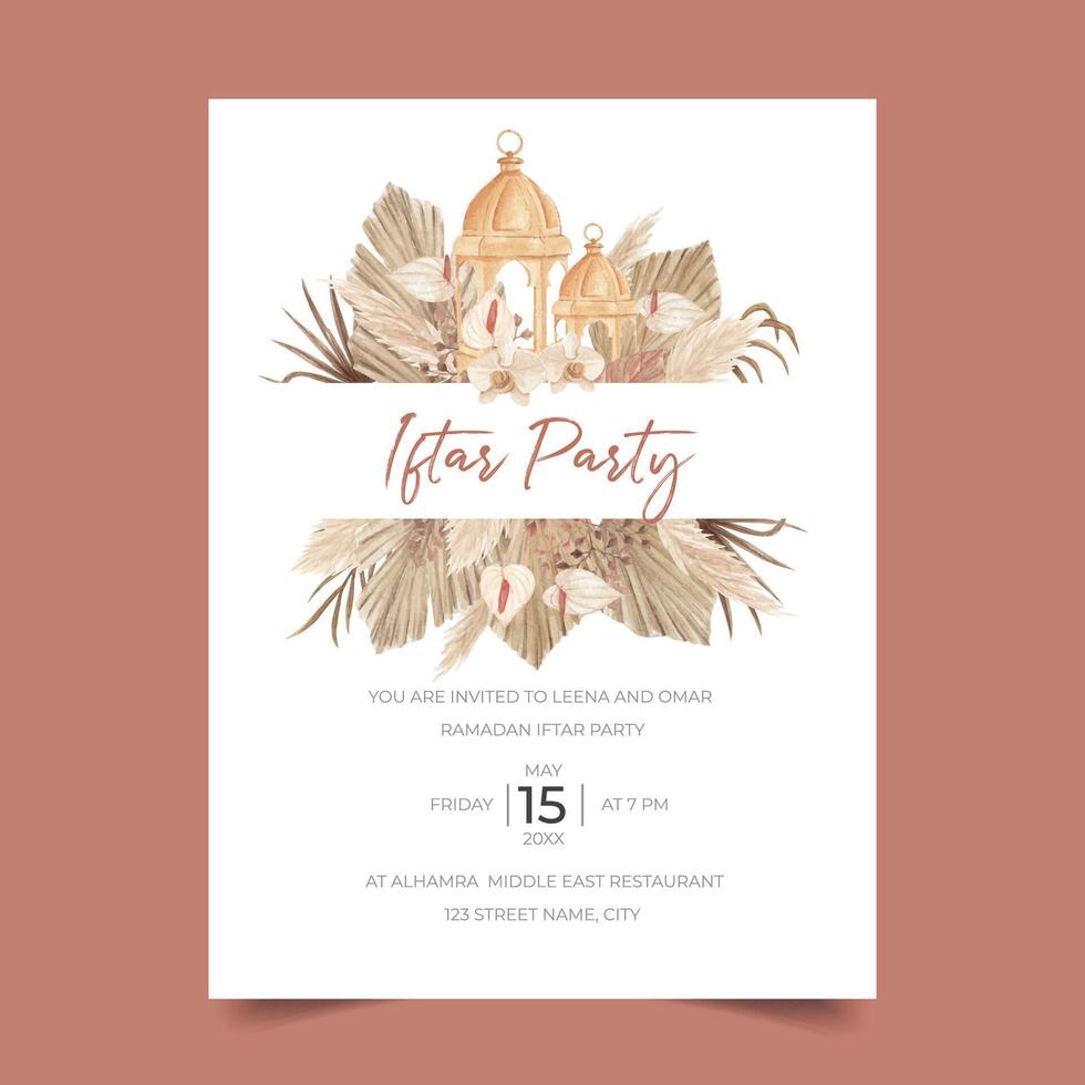 Pampas Iftar Party Invitation Template with Dried palm spear, Calla lily, Orchid and Lantern vector