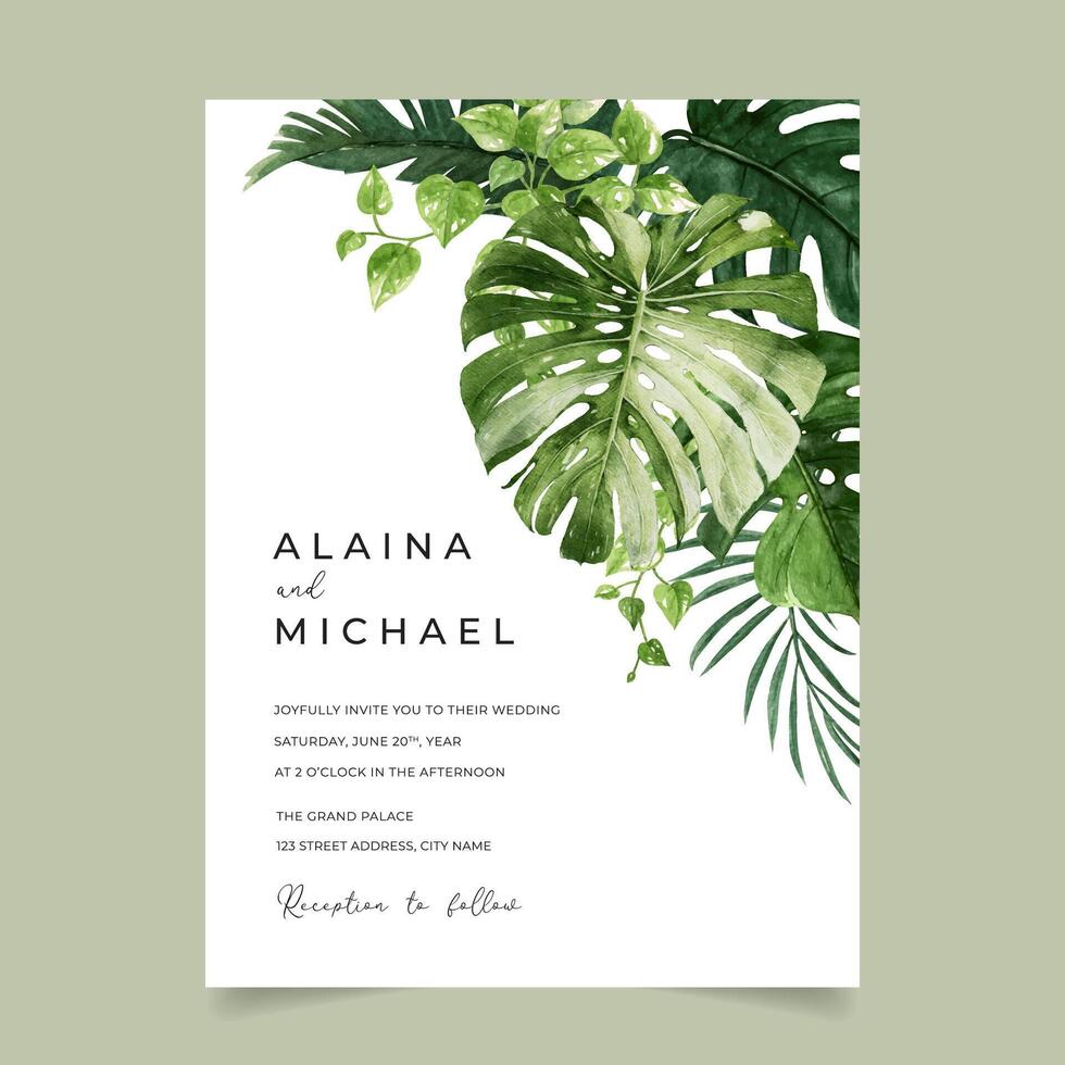 Tropical Greenery Wedding Invitation Card with Exotic Monstera Leaves, palm leaf and devil's ivy leaves vector