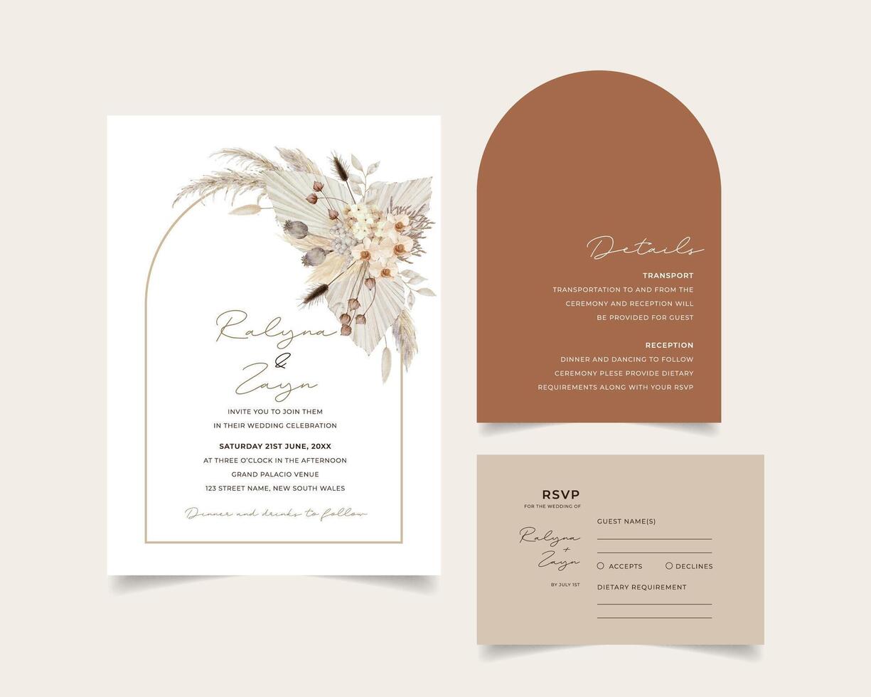 Wedding invitation template set with white dried floral arch and leaves decoration, Watercolor tropical desert pampas, dried palm spear, orchid, poppy pods, and bunny tails vector