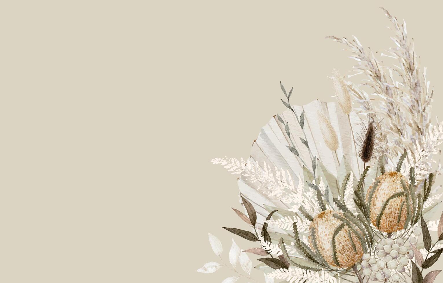 Watercolor Boho Flowers Background with Banksia Dried Palm, Pampas Grass and Other Dried Floral vector
