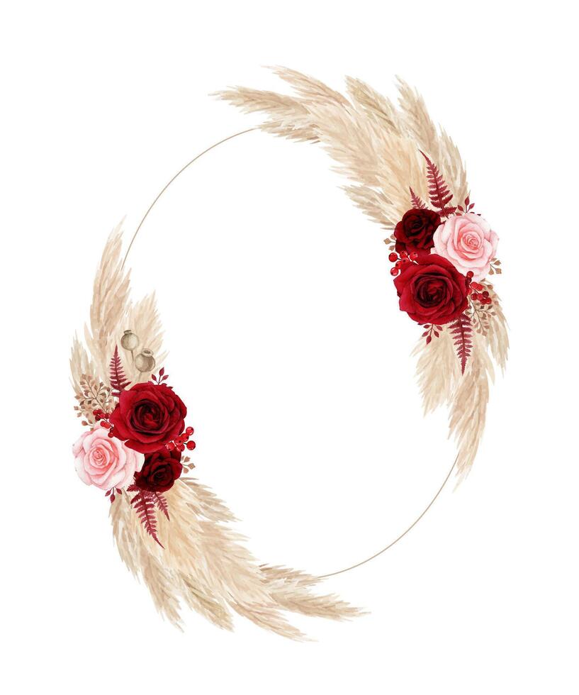 Bohemian style floral frame with red rose and pampas grass vector