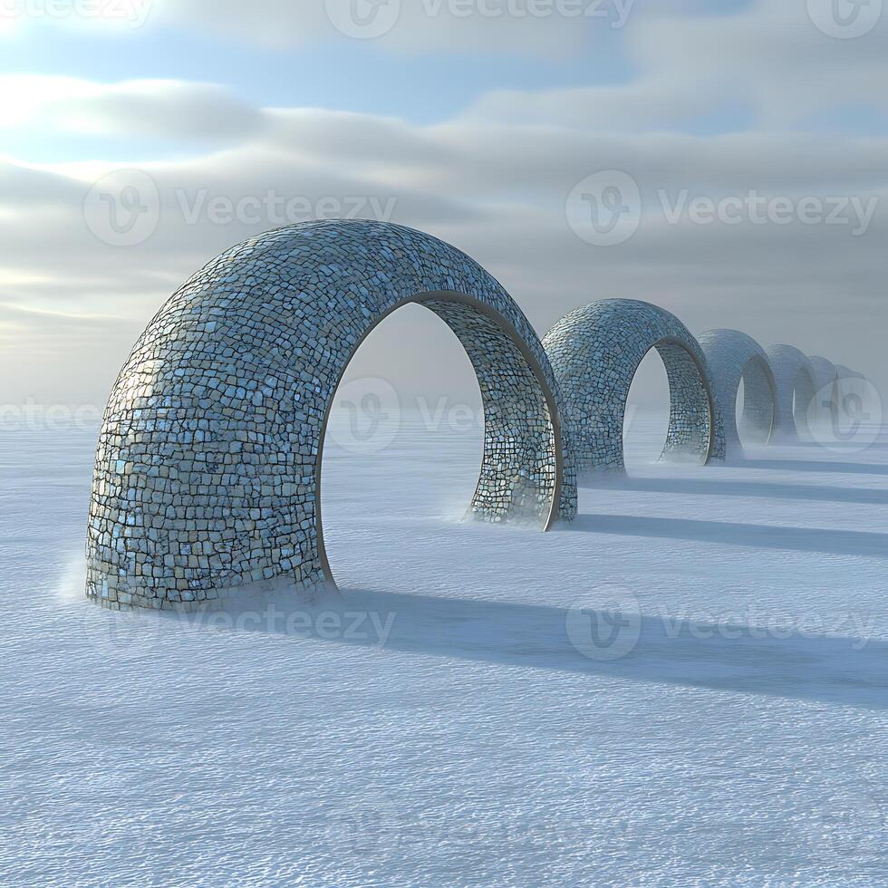 Abstract Stone Arches on a Vast Snowy Landscape Under a Cloudy Sky photo