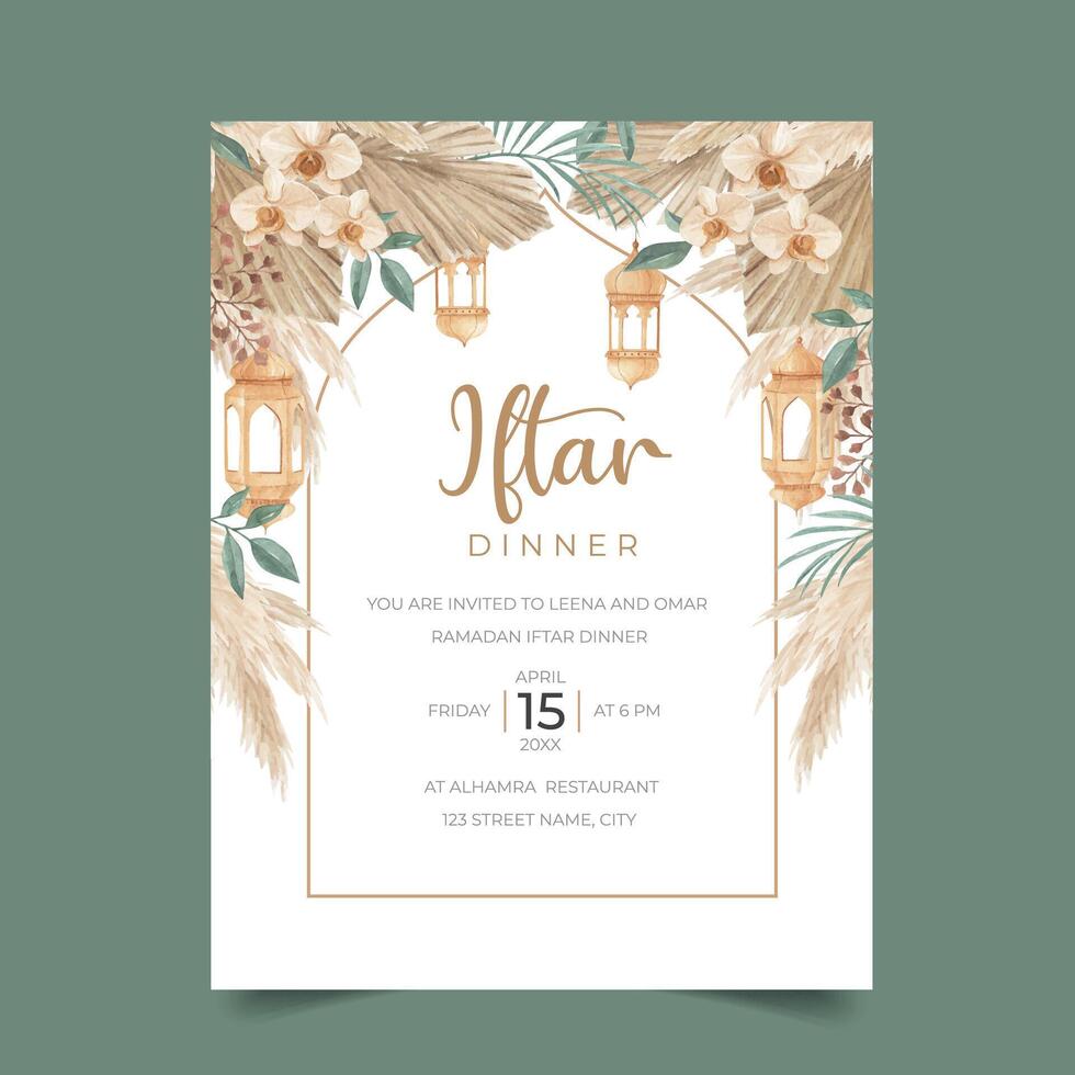 Ramadan iftar dinner invitation template with dried palm leaves, pampas grass, orchid and lantern vector