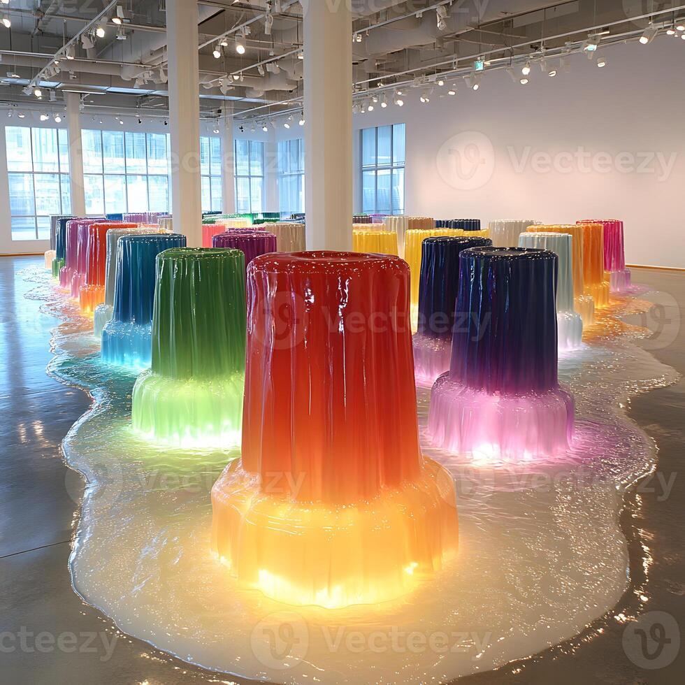 Colorful Abstract Art Installation Featuring Illuminated Jelly-Like Structures in Modern Gallery photo