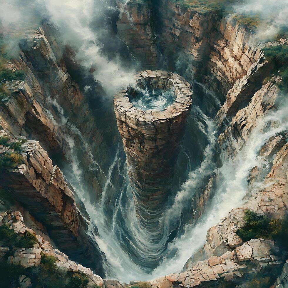 Majestic Waterfall Cascade With Towering Rocky Formation in a Natural Gorge photo