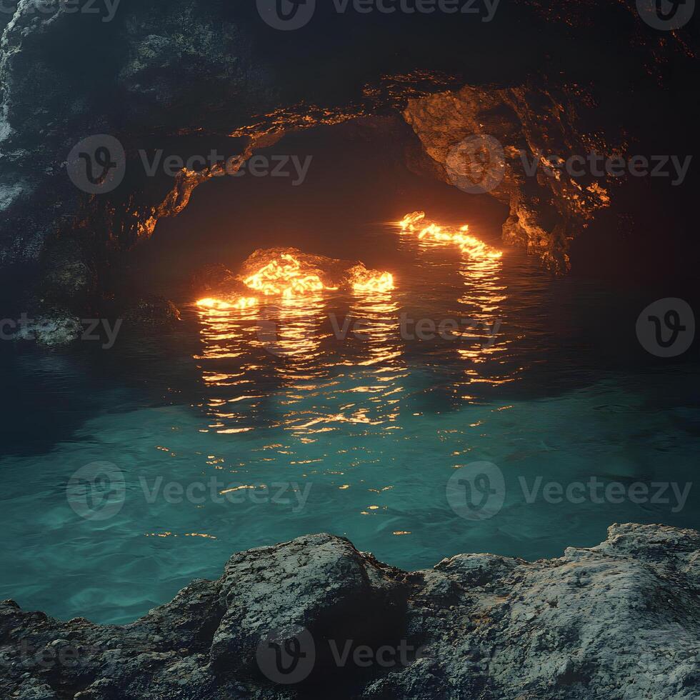 Glowing Magma Flow in Rocky Cave by Shimmering Clear Waters photo
