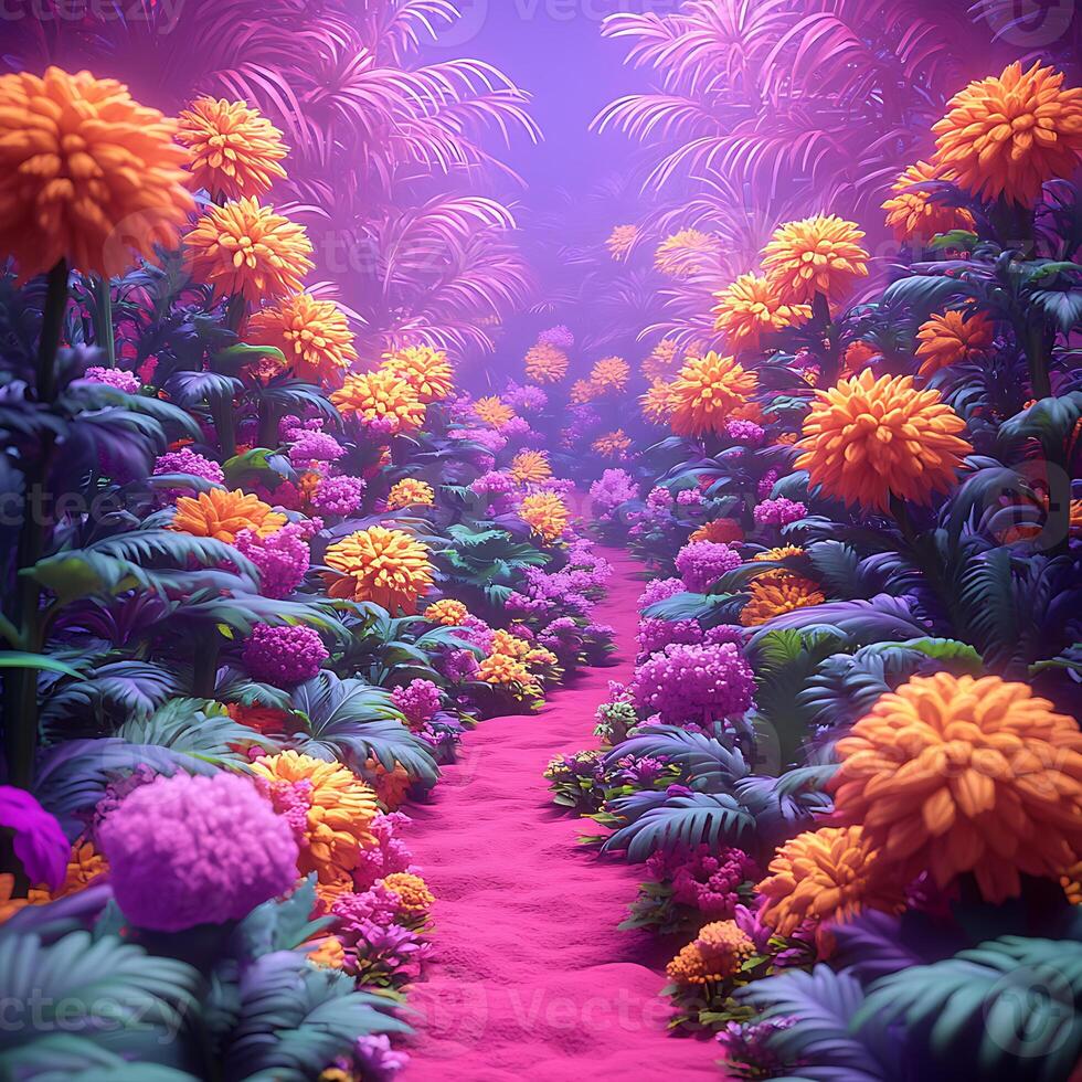 Colorful Fantasy Pathway Surrounded by Vibrant Blooming Flowers and Lush Nature photo