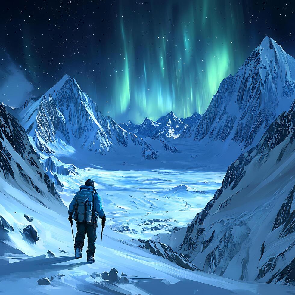 Hiker Admiring Northern Lights in Rugged Snowy Mountain Landscape photo