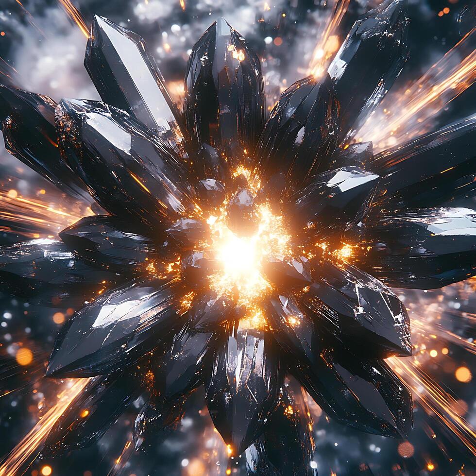 Exploding Collection of Shiny Crystals Illuminated by Glowing Particles of Light photo