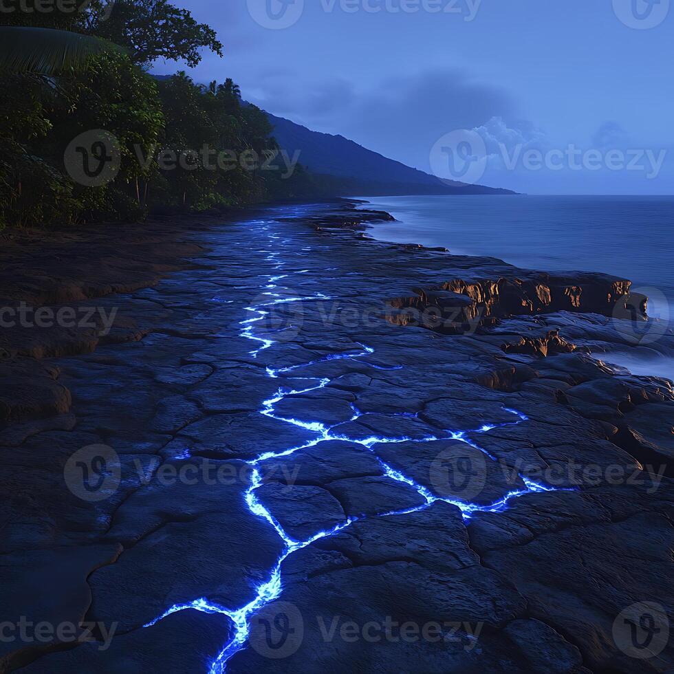 Mystical Coastal Scene with Glowing Illuminated Cracks at Night photo