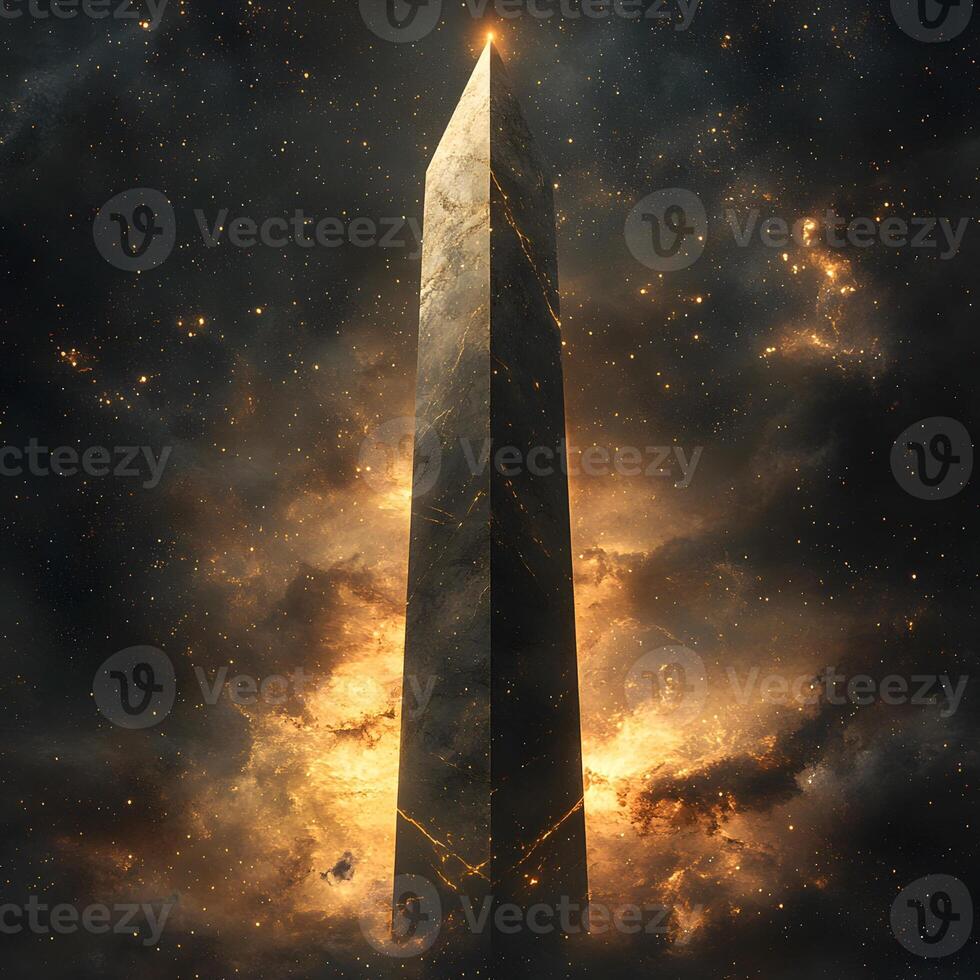 Towering Obelisk Illuminated Against a Majestic Cosmic Backdrop of Glowing Stars photo