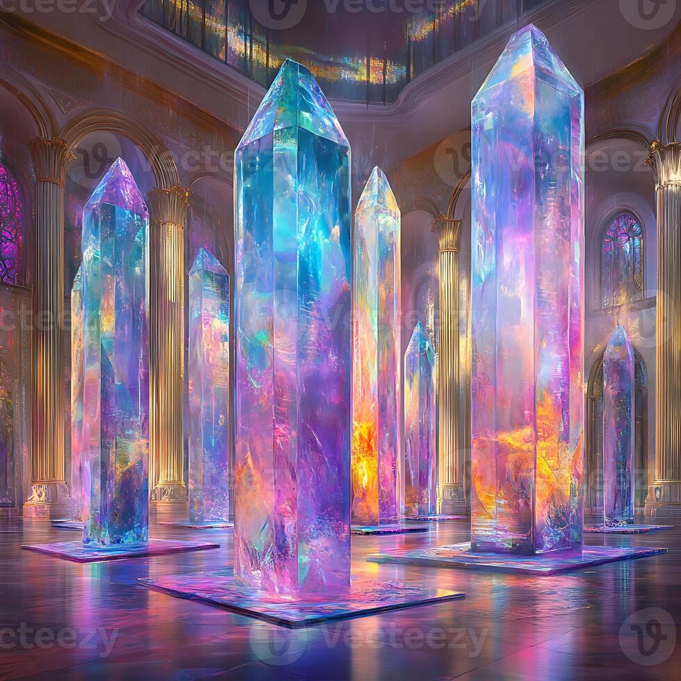 Vibrant Crystal Columns in a Majestic Illuminated Hall photo