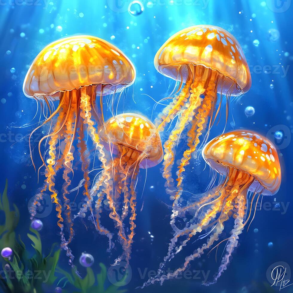 Vivid Illustration of Orange Jellyfish Glowing Underwater with Bubbles photo