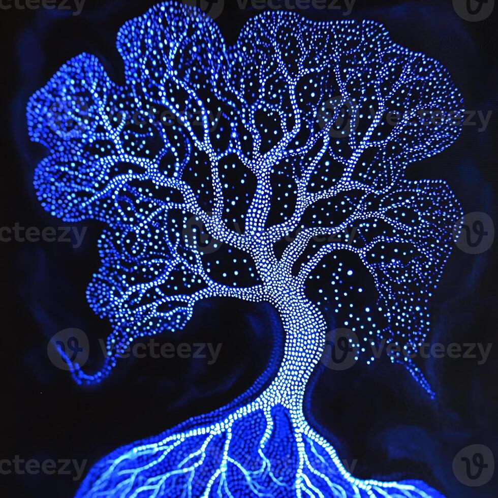 Glowing Neural Tree with Interconnected Blue Lights and Branches photo