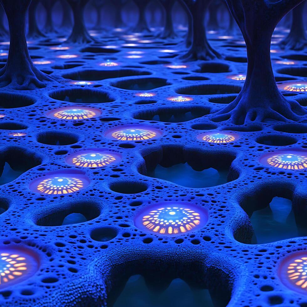 Abstract Blue Surface with Illuminated Patterns and Tree-Like Structures photo
