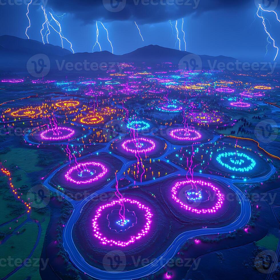 Illuminated Fields Under Lightning Storm with Vibrant Neon Patterns at Night photo