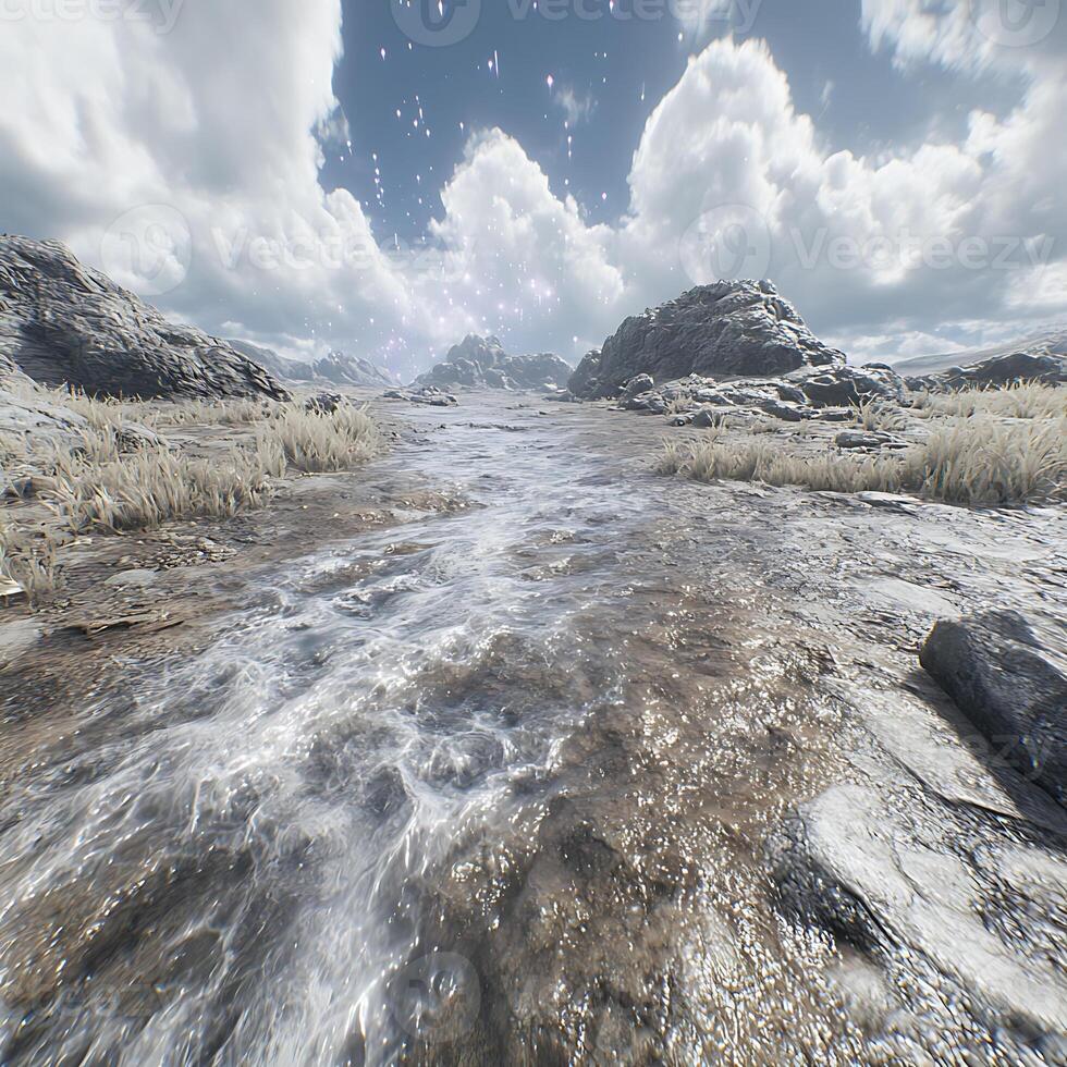 Scenic Frozen River Landscape with Snowy Mountains and Overcast Sky photo