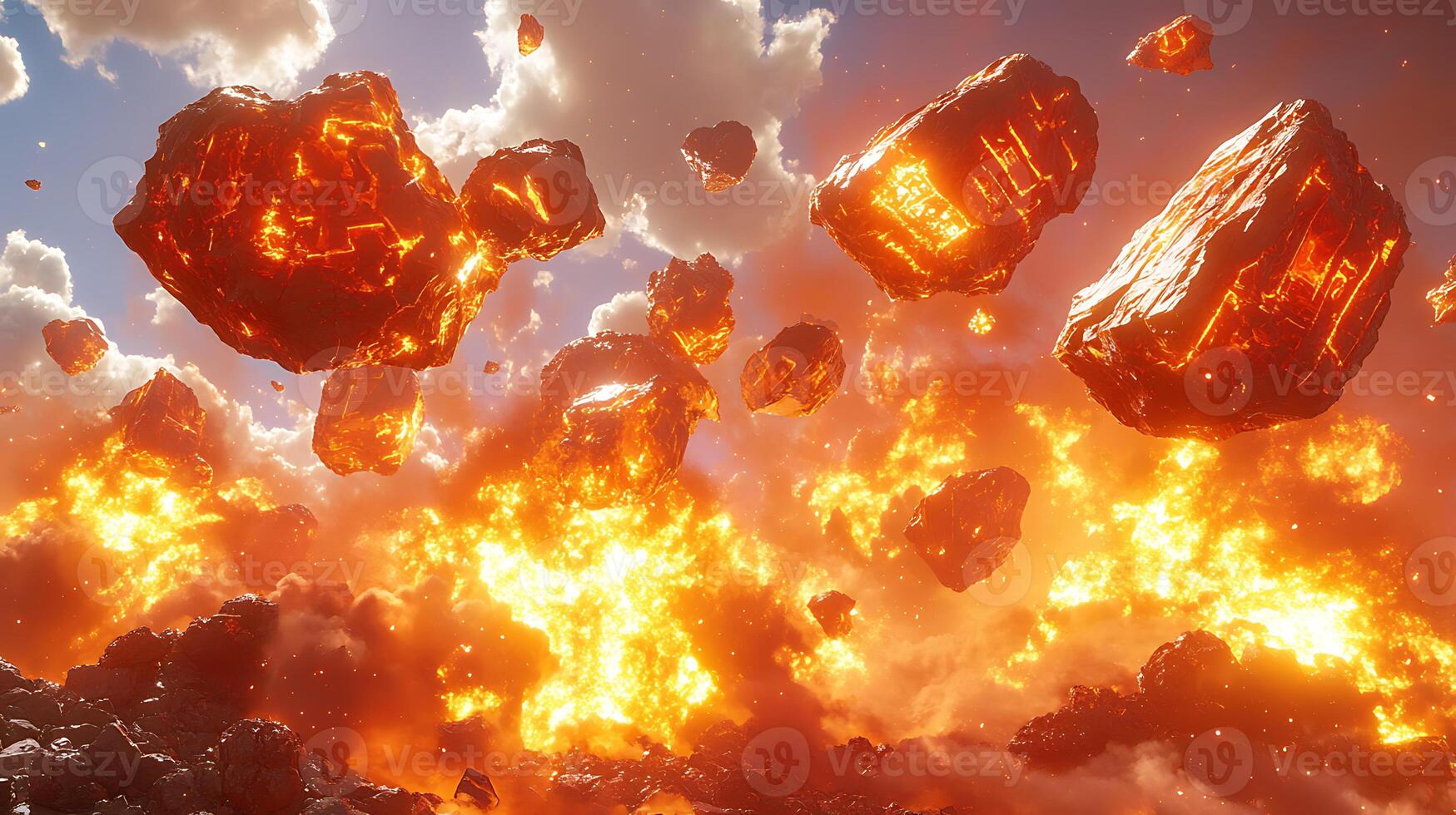 Floating Lava Rocks Amidst a Fiery Explosion Scene with Dramatic Clouds photo