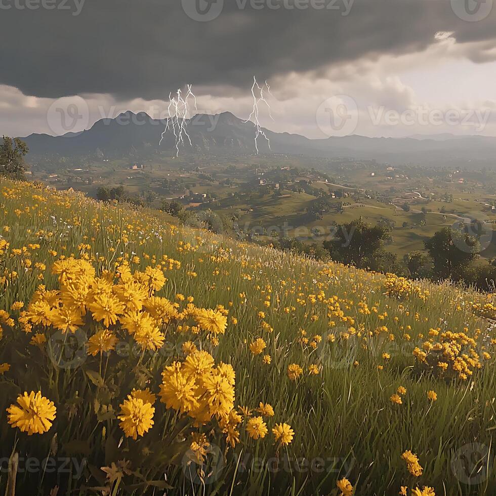 Scenic Field of Yellow Wildflowers with Storm and Lightning in the Distance photo
