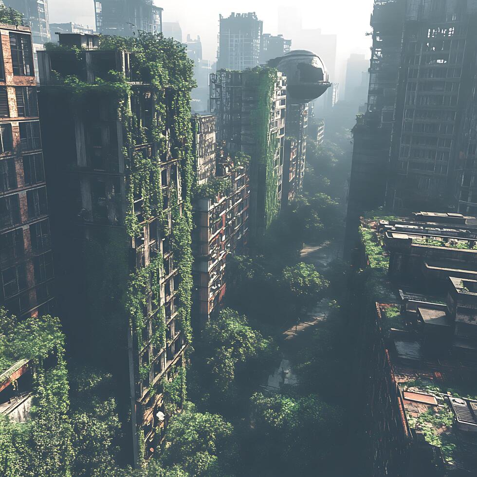 Abandoned City Overgrown with Trees and Vegetation Under Soft Light photo