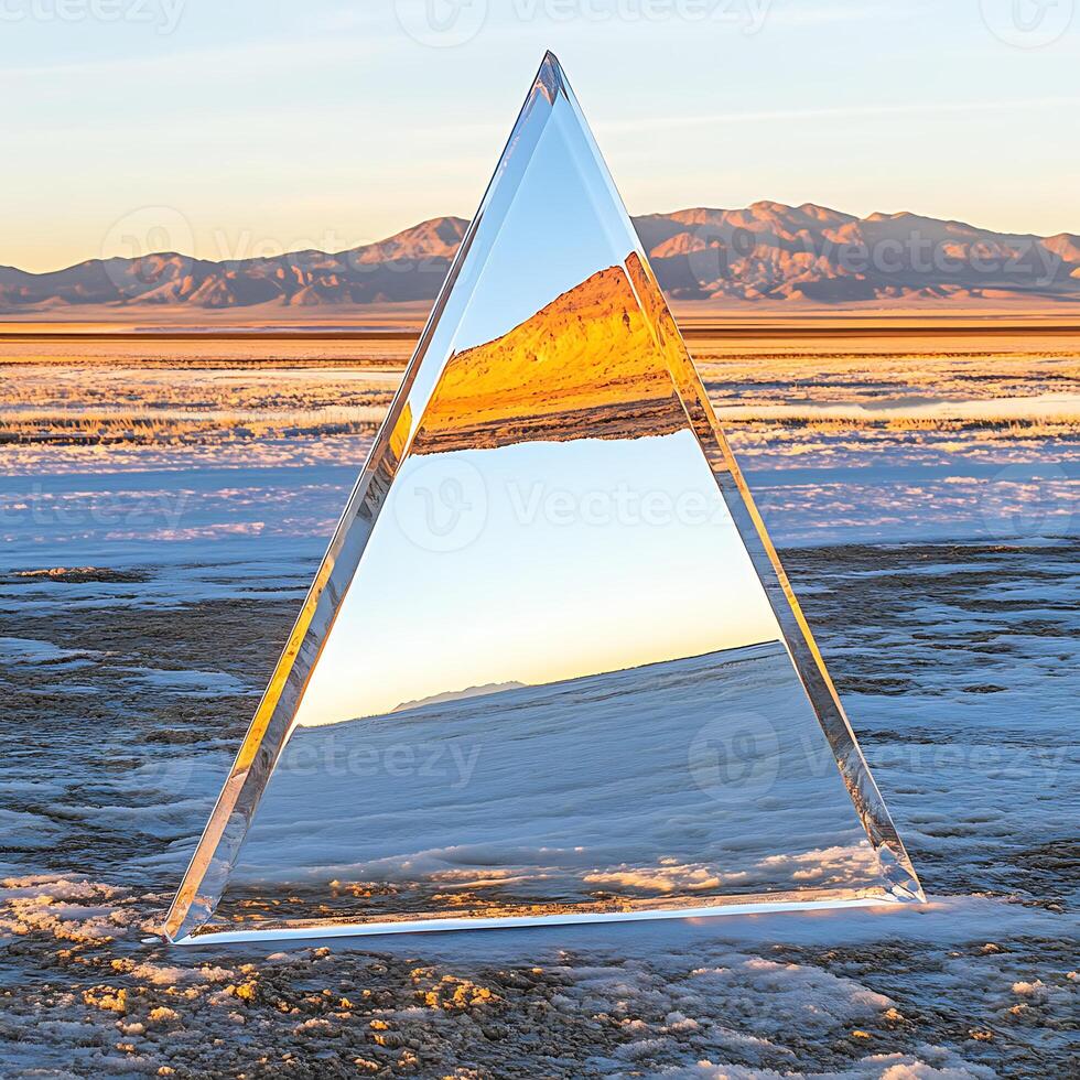 Reflective Glass Pyramid in a Snowy Desert Landscape with Mountains photo