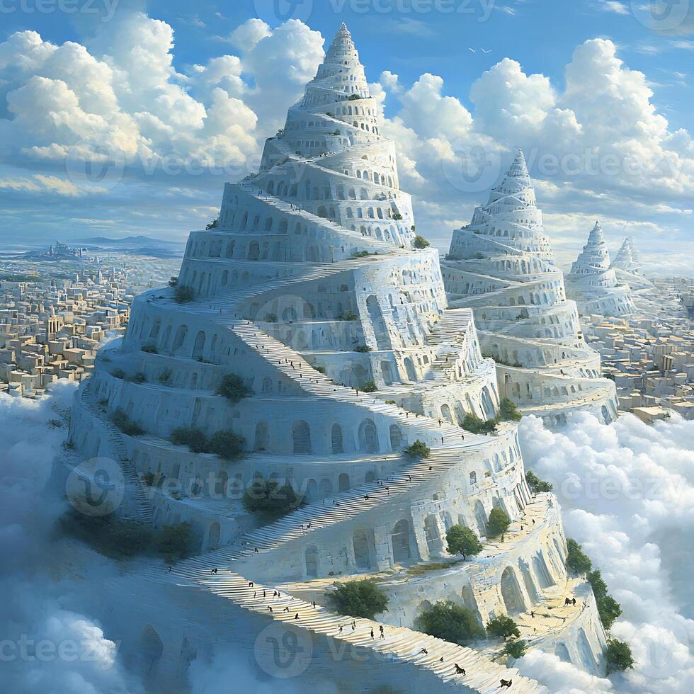 Majestic Spiral Temples Above the Clouds Set in a Vibrant Cityscape photo