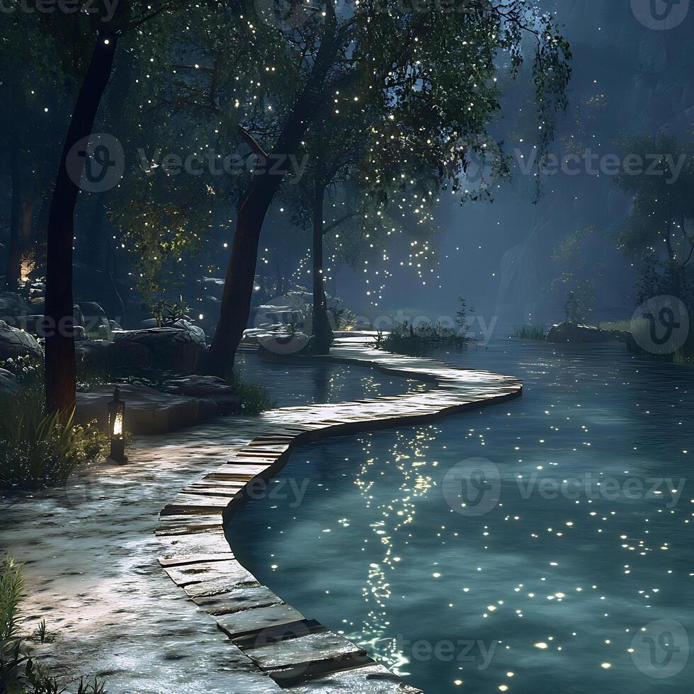 Magical Forest Path Along a Sparkling River Under a Starry Night photo