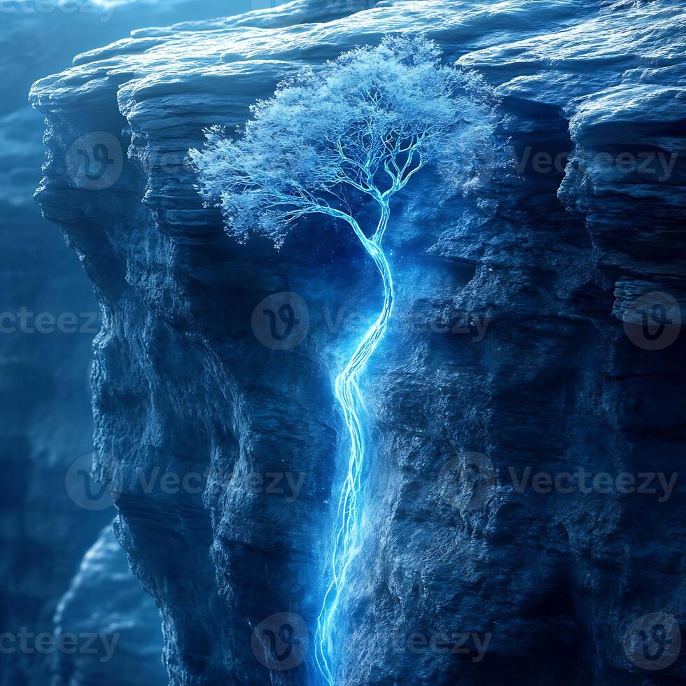 Illuminated Tree with Glowing Roots on a Rocky Cliff photo