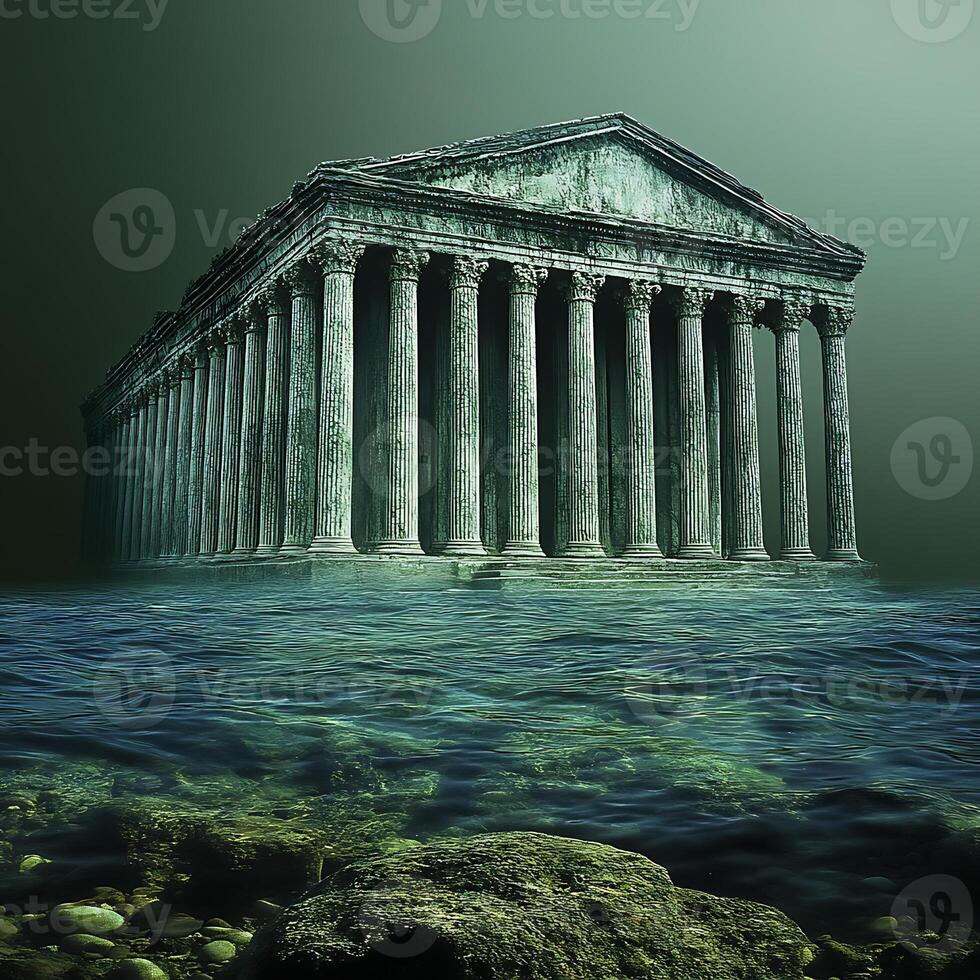 Ancient Temple Partially Submerged in Serene Aquatic Setting photo