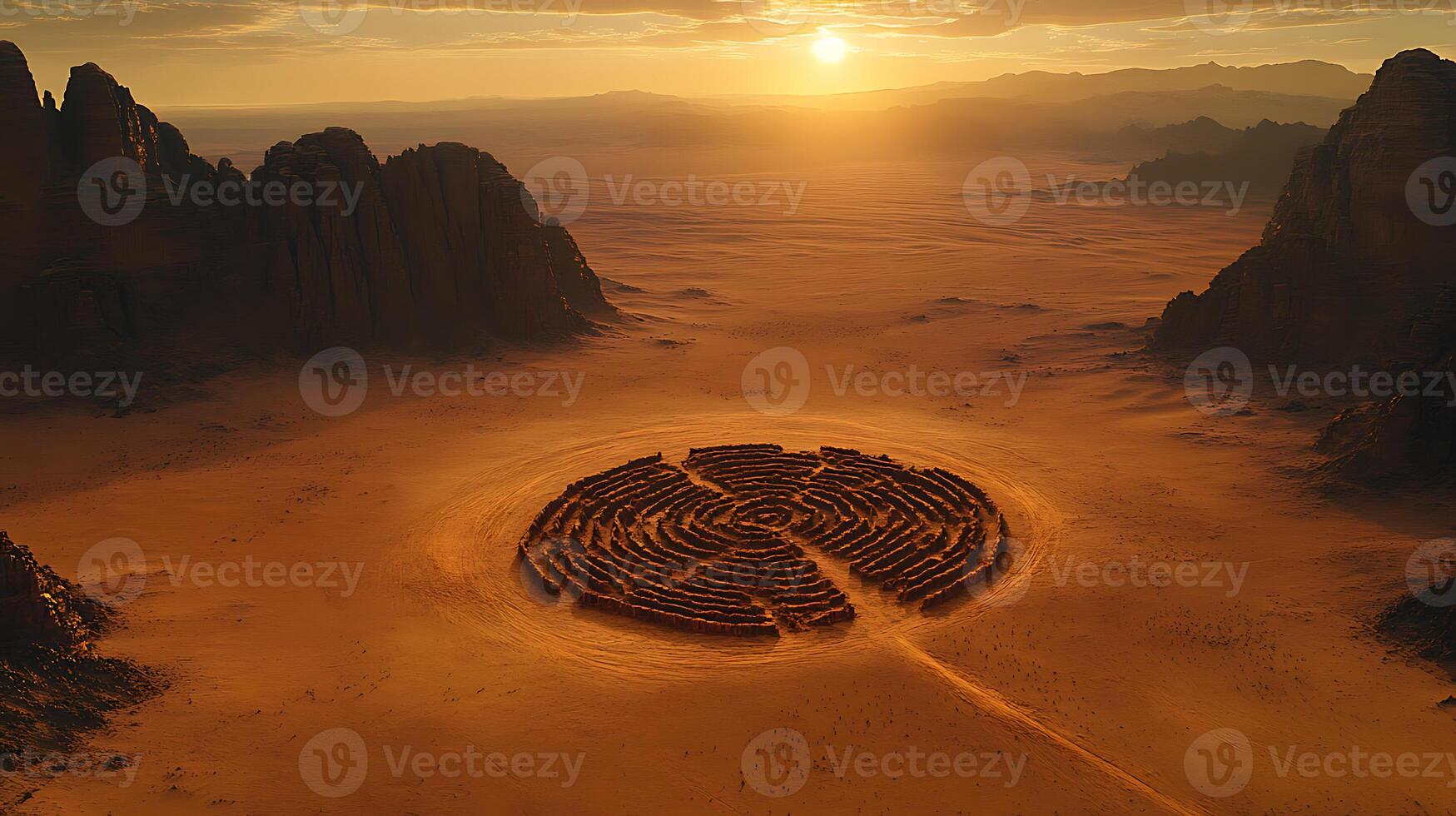 Sunlit Desert Labyrinth Surrounded by Rocky Cliffs and Vast Horizons photo