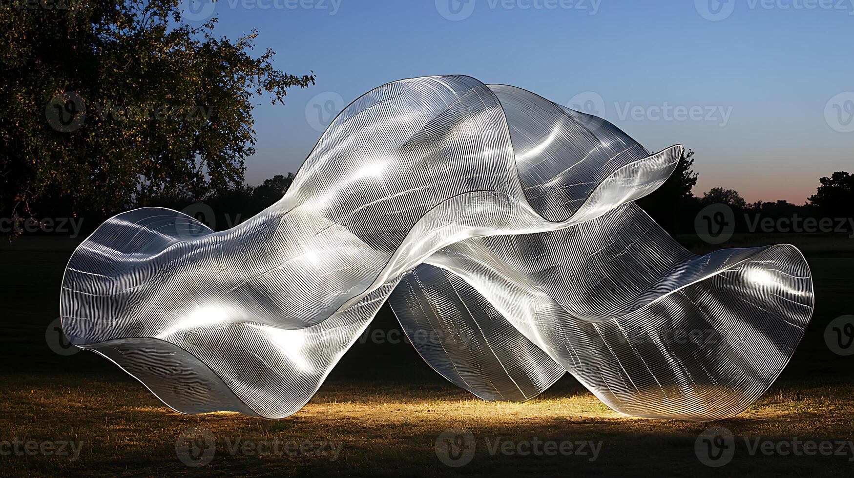 Abstract Sculpture with Flowing Form Illuminated in an Outdoor Evening Setting photo