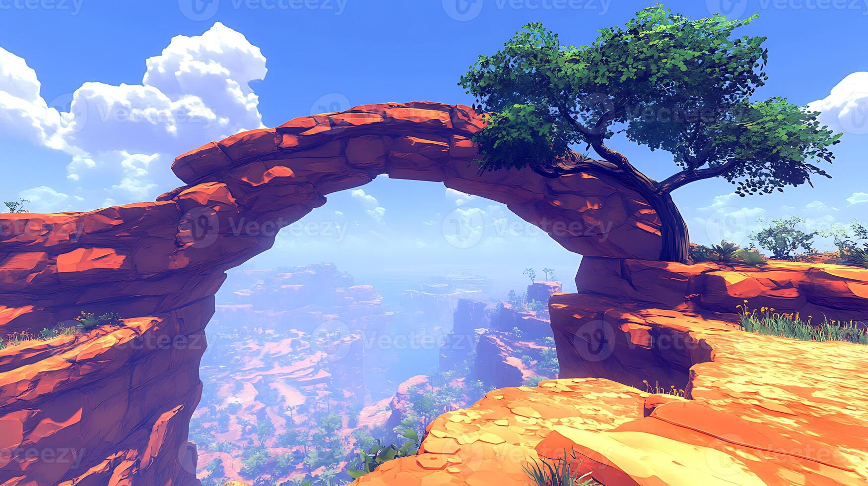 Scenic Desert Archway and Tree Against Blue Sky and Clouds photo