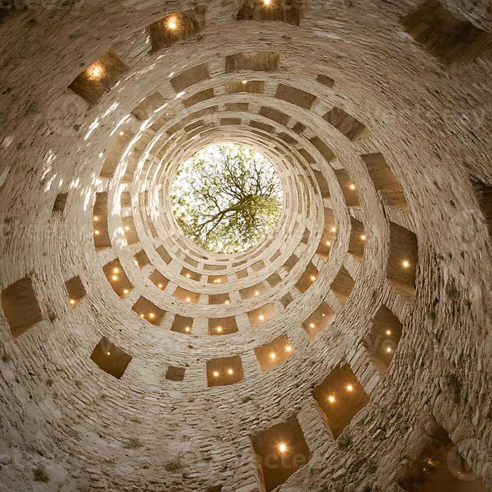 Ancient Stone Spiral Ruins with a Tree View at the Center photo