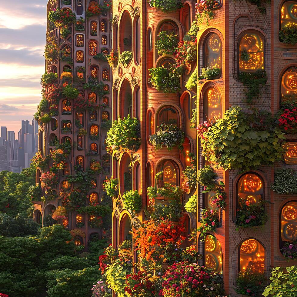 Vertical Eco-Friendly Skyscrapers with Lush Plants and Evening Lighting photo