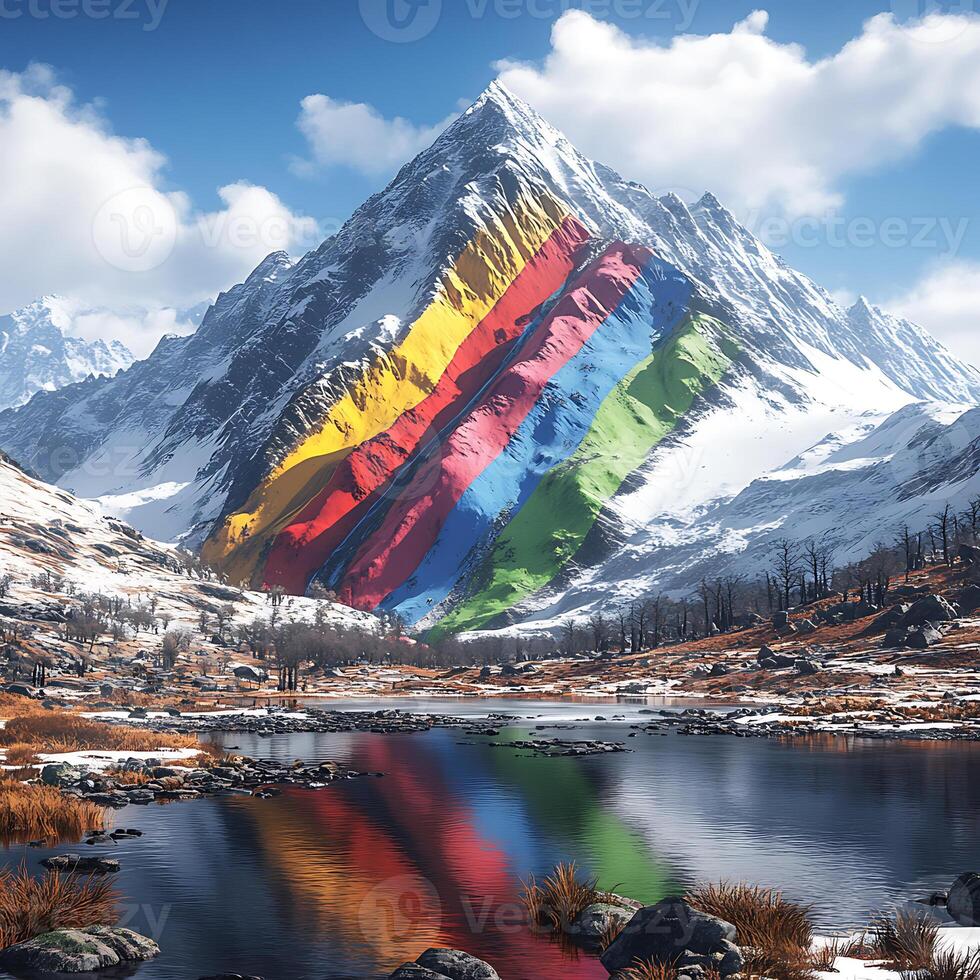 Colorful Mountain Landscape Reflected in Tranquil Lake With Snowy Peaks photo