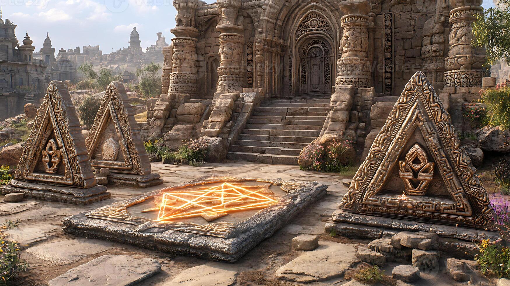 Ancient Stone Portal with Geometric Symbols in Mystical Garden Setting photo