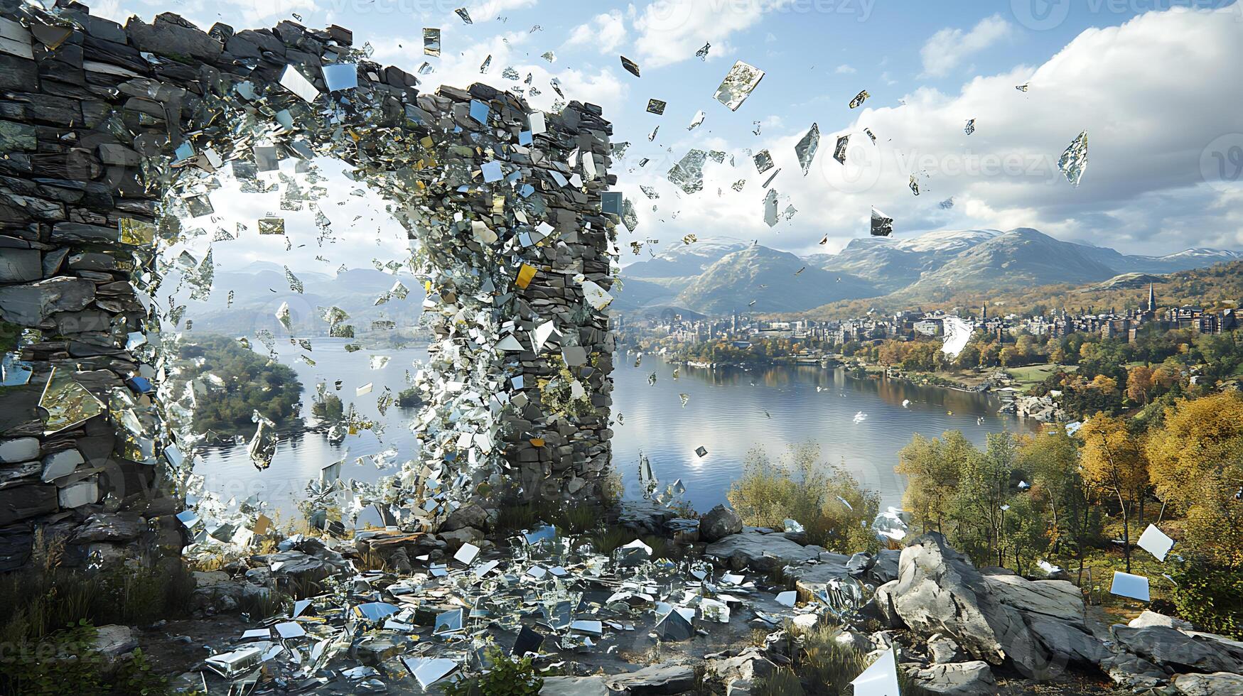 Shattered Glass Flying Over Scenic Lake and Mountain Landscape photo