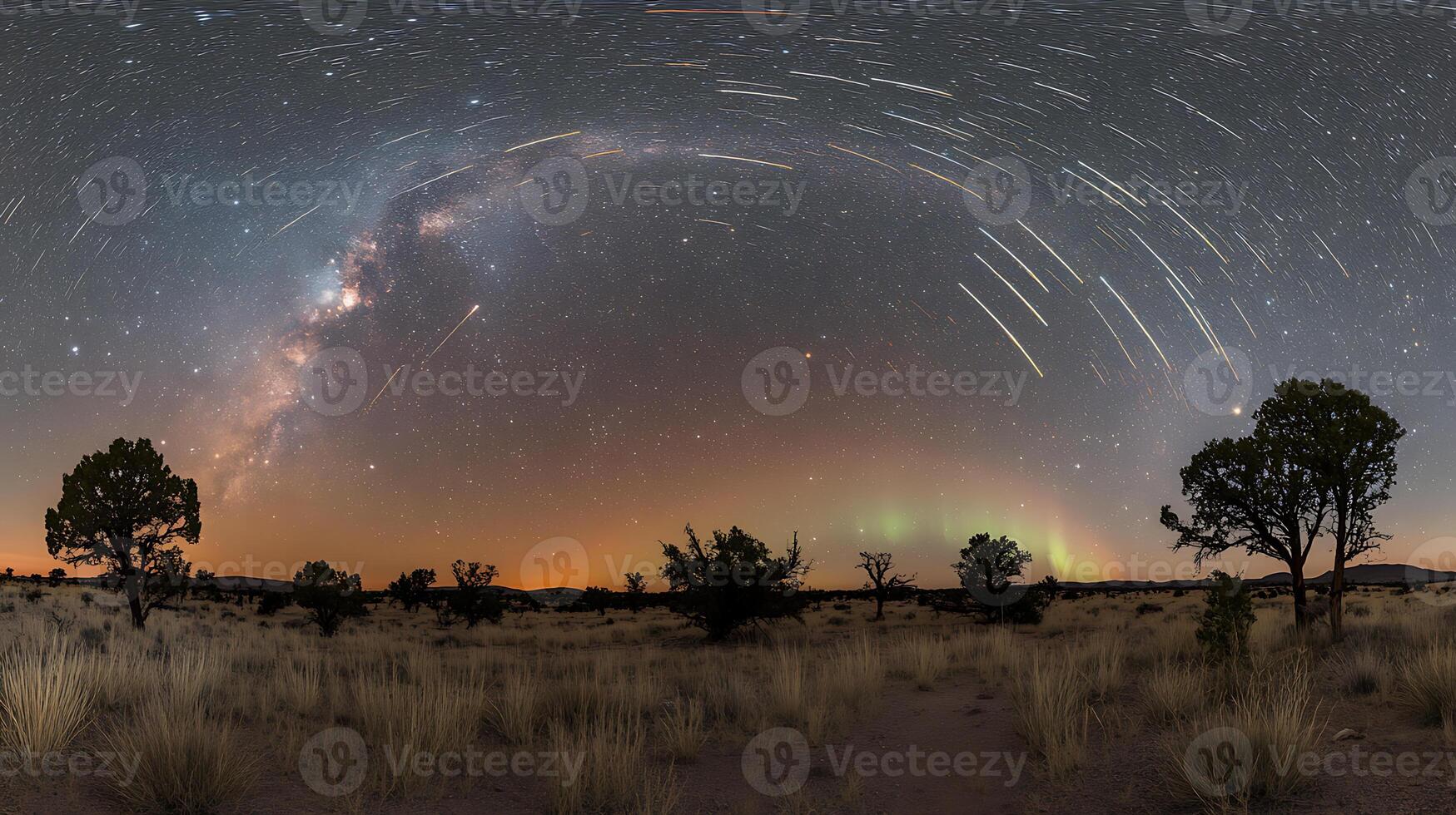 Scenic Night Sky with Milky Way, Aurora, and Meteor Shower Display photo