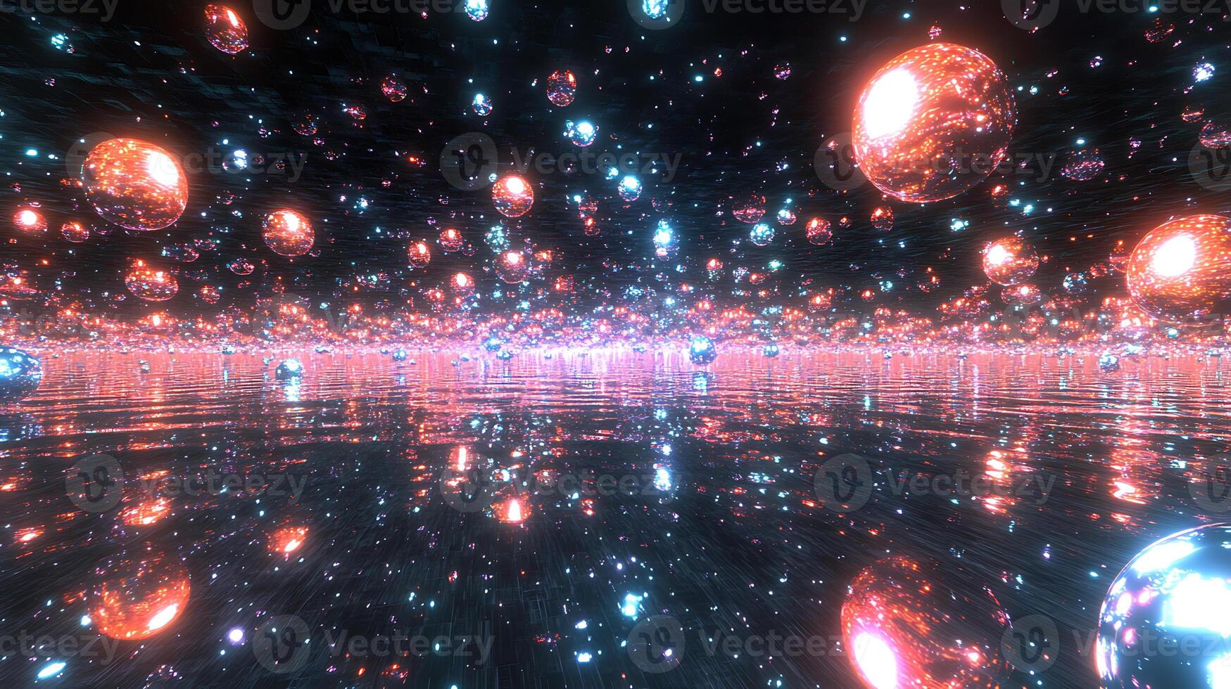 Glowing Spheres Hover in a Reflective Neon Futuristic Environment photo