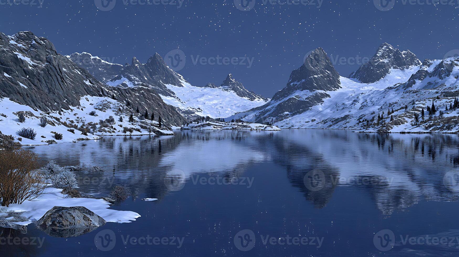 Starry Night Over Snow-Covered Mountains Reflecting on a Calm Lake photo
