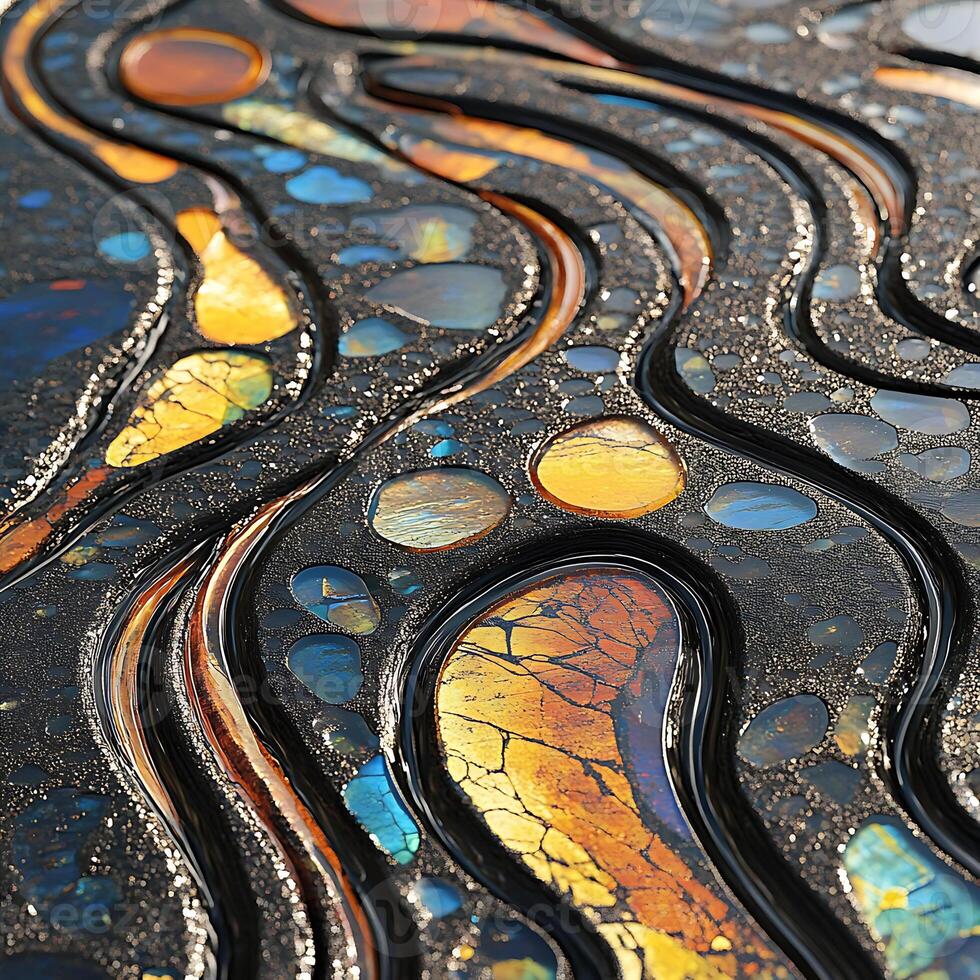 Abstract Art Display Featuring Metallic Flow and Vibrant Patterns photo
