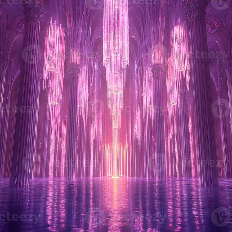 Illuminated Neon Columns and Chandelier in Futuristic Grand Hall photo