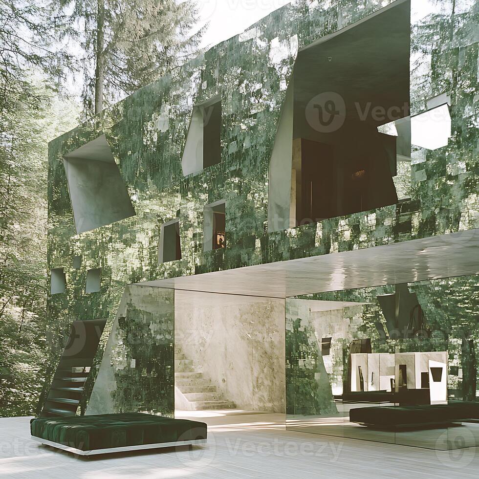 Modern Architectural Design with Reflective Surfaces in a Forest Setting photo