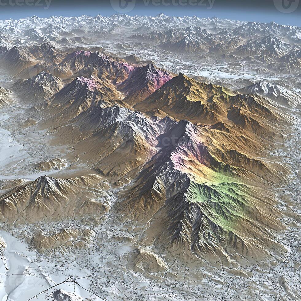 Colorful Mountain Range With Snow-Capped Peaks Under a Clear Sky photo