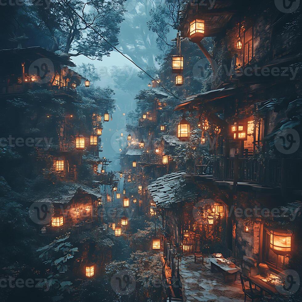 Magical Floating Village Illuminated by Warm Lanterns at Dusk in a Forest photo