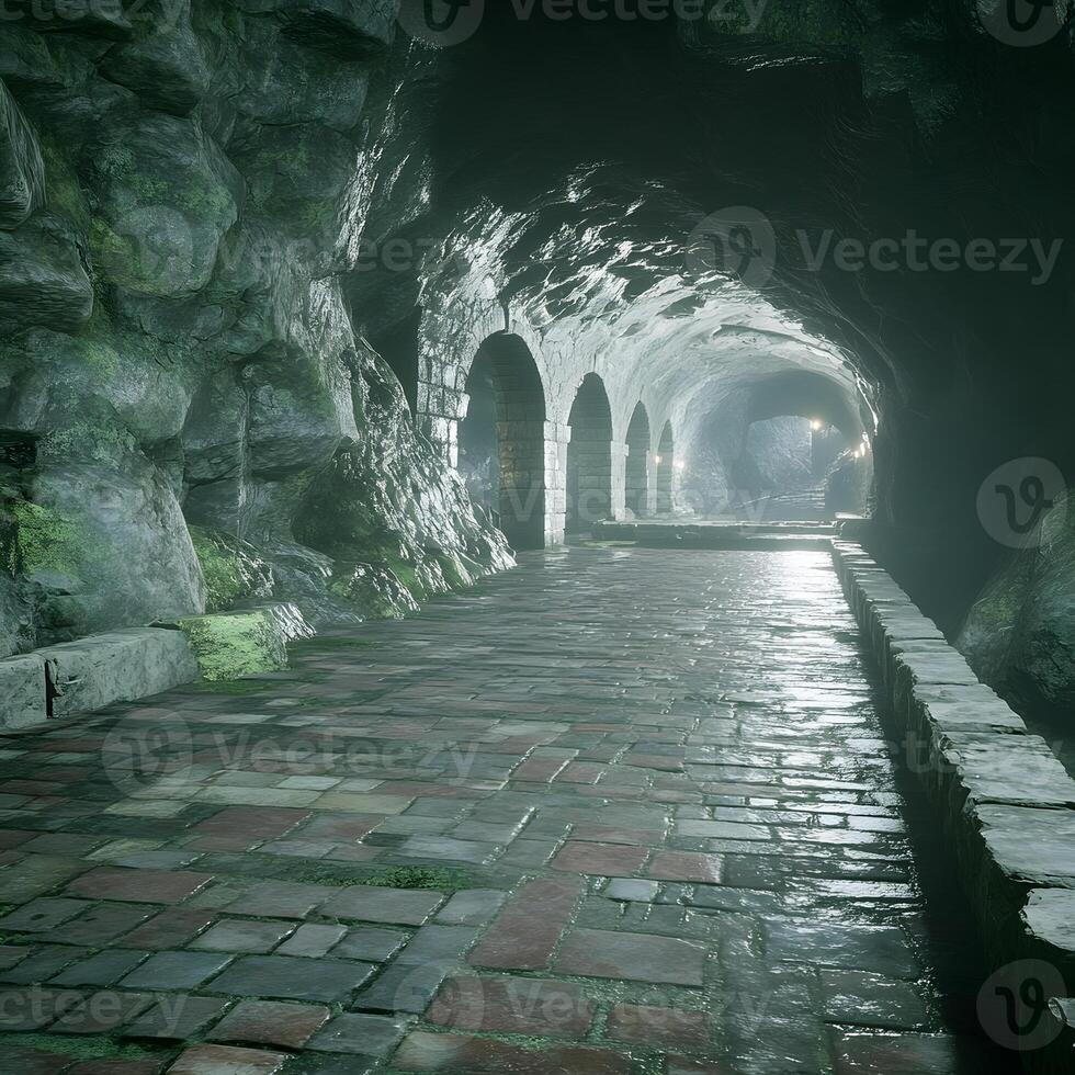 Mysterious Underground Tunnel With Brick Pathway and Arched Stone Walls photo