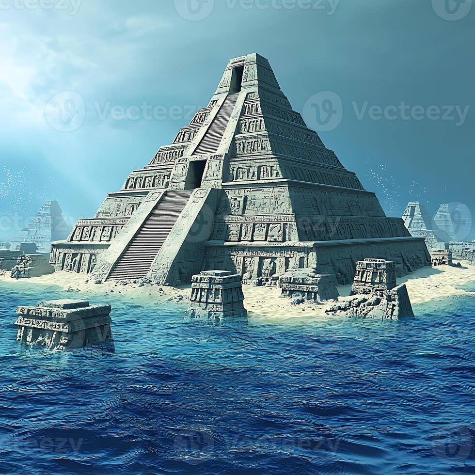 Ancient Pyramids Submerged Beneath Clear Ocean Waters photo