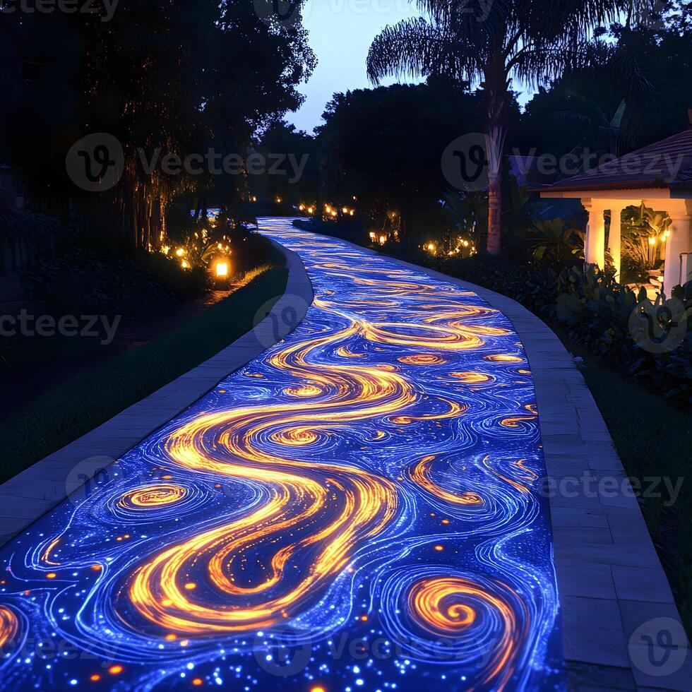 Illuminated Night Pathway with Glowing Swirls and Decorative Lighting photo