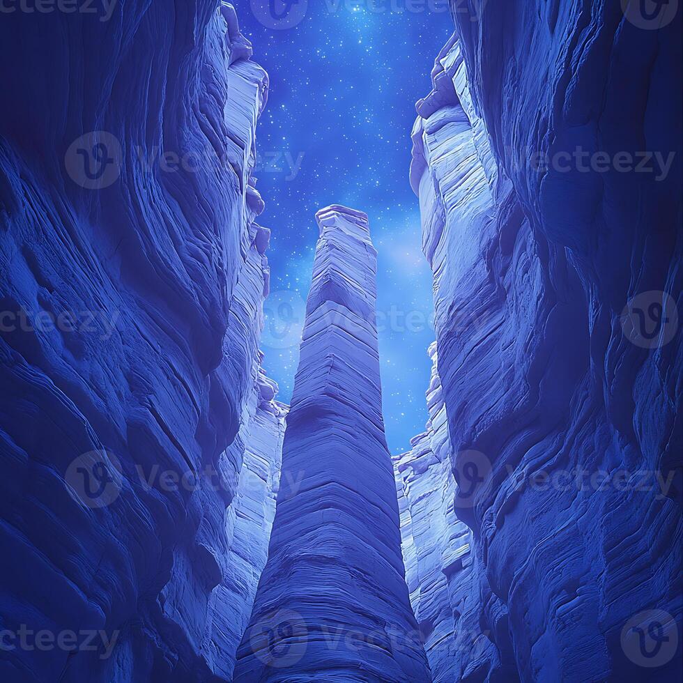 Majestic Canyon Under Starry Night Sky with Towering Rock Formations photo