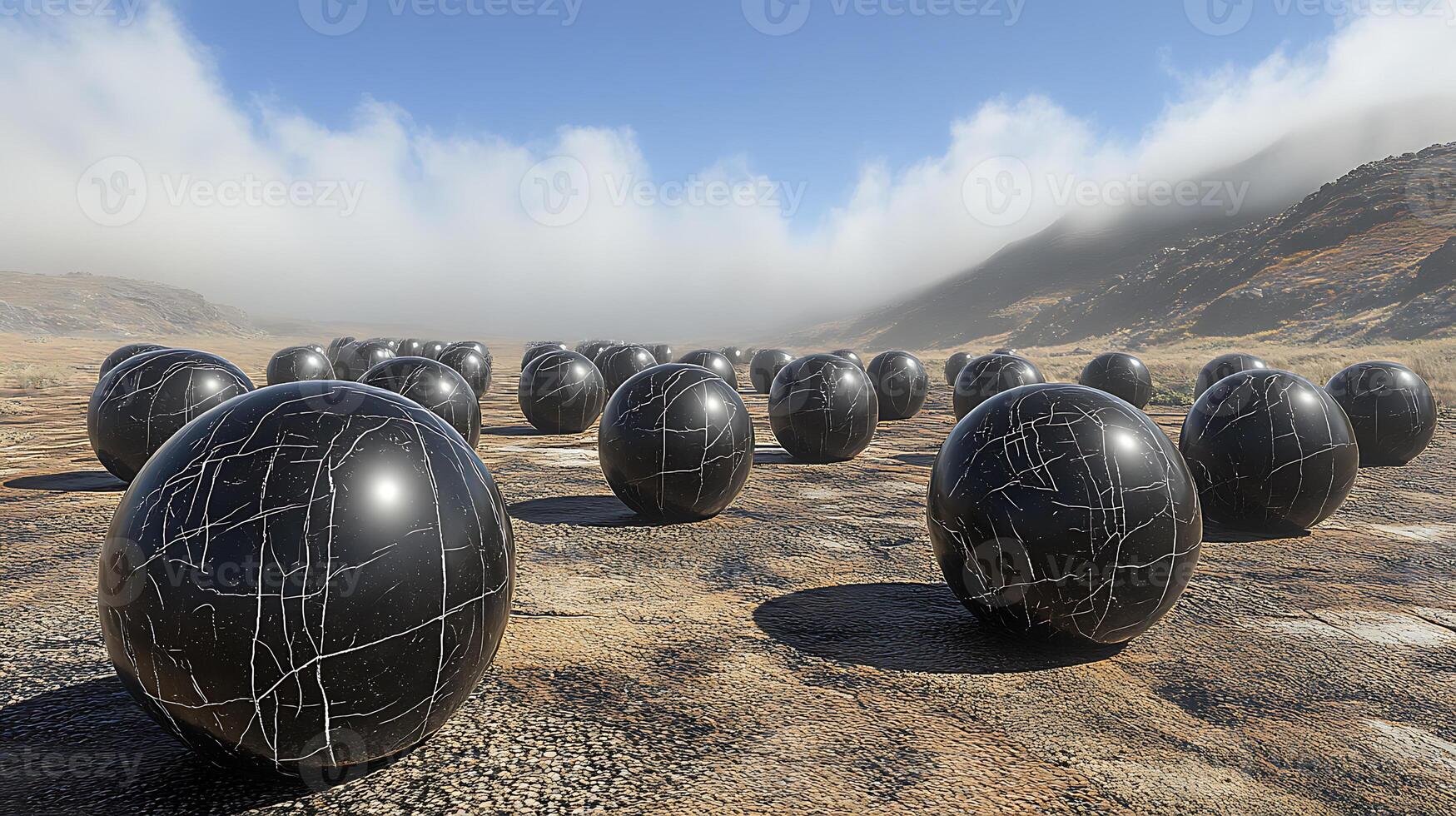Abstract Array of Black Spheres Spread Across a Scenic Desert Landscape photo